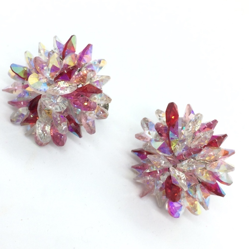 VINTAGE VENDOME SILVER TONE RED CLEAR AB CRYSTAL STARBUST CLIPON EARRINGS